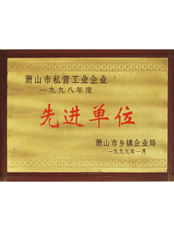 Advanced Enterprise Award issued by Xiaoshan City Bureau of Township Enterprises in 1999 recognizing outstanding private industrial company performance