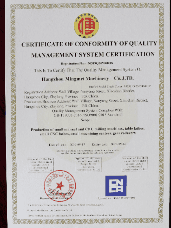 ISO 9001 Quality Management System Certification for Hangzhou Mingmei Machinery Co., Ltd. covering production of CNC machines and gear reducers